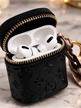 Black Embossed Leather Key & Card Holder AirPod Case with Gold Zipper